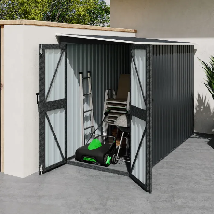 Abri de jardin adossé 3 m² gris en acier galvanisé double porte latérale