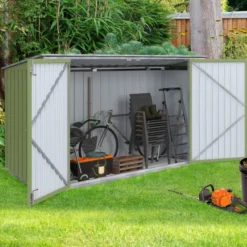 Abri de jardin en métal vert olive verrouillable multi-rangement pour stockage vélos, outils, poubelles