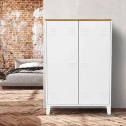 Armoire basse industrielle 2 portes métal noir et plateau bois