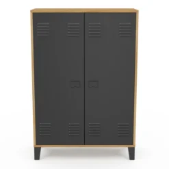 Armoire basse industrielle 2 portes métal noir et contour bois