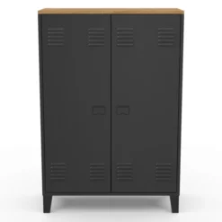 Armoire basse industrielle 2 portes métal noir et plateau bois
