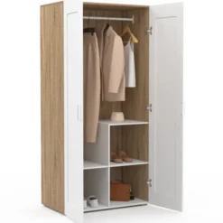 Armoire blanc et bois 2 portes et étagères