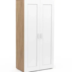 Armoire blanc et bois 2 portes et étagères