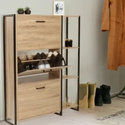 Armoire à chaussures bois imitation hêtre et métal noir