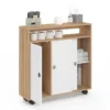 Armoire d'appoint meuble de rangement à roulettes salle de bain structure hêtre plateau blanc