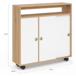 Armoire d'appoint meuble de rangement à roulettes salle de bain structure hêtre plateau blanc