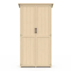 Armoire de jardin en bois 90x50x160 cm avec toit incliné double porte et étagères