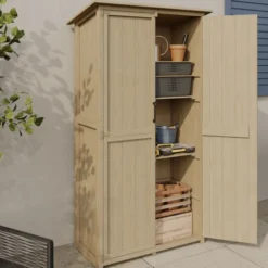Armoire de jardin en bois 90x50x160 cm avec toit incliné double porte et étagères