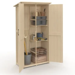 Armoire de jardin en bois 90x50x160 cm avec toit incliné double porte et étagères