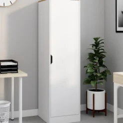 Armoire de rangement 1 porte avec étagères blanc et bois