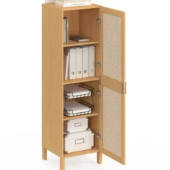 Armoire de rangement 1 porte 3 étagères bois et cannage