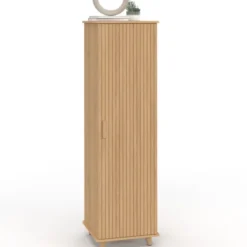 Armoire de rangement 1 porte 3 étagères effet lattes tasseau bois coloris chêne