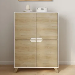 Armoire de rangement scandinave avec 4 portes blanc et bois