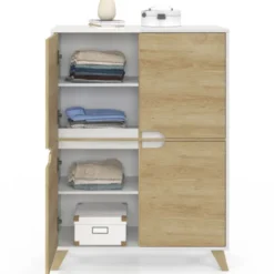Armoire de rangement scandinave avec 4 portes blanc et bois