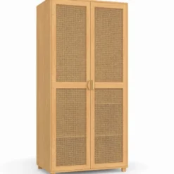 Armoire dressing de 80 cm avec 2 portes en cannage et une penderie avec étagères