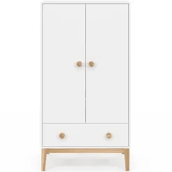 Armoire penderie 2 portes et 1 tiroir pour enfant blanc et bois design scandinave