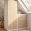 Armoire 1 porte penderie avec commode 3 tiroirs 100 cm modulable façon hêtre et blanc