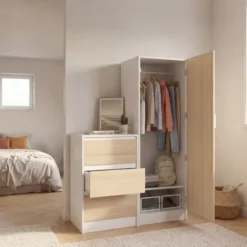 Armoire 1 porte penderie avec commode 3 tiroirs 100 cm modulable façon hêtre et blanc