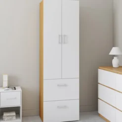 Armoire 2 portes blanc et bois penderie 50 cm avec 2 tiroirs