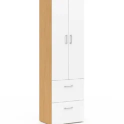 Armoire 2 portes blanc et bois penderie 50 cm avec 2 tiroirs