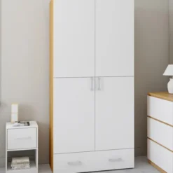 Armoire 2 portes blanc et bois étagères 80 cm avec 1 tiroir