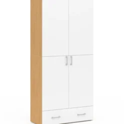 Armoire 2 portes blanc et bois étagères 80 cm avec 1 tiroir