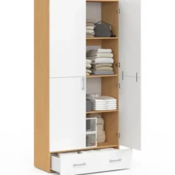 Armoire 2 portes blanc et bois étagères 80 cm avec 1 tiroir
