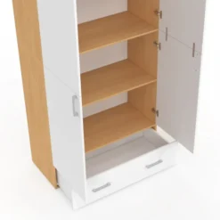 Armoire 2 portes blanc et bois étagères 80 cm avec 1 tiroir