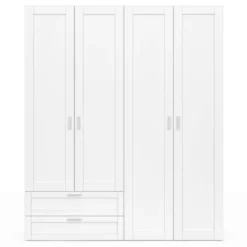 Armoire 4 portes blanche dressing penderie et 2 tiroirs 160 cm