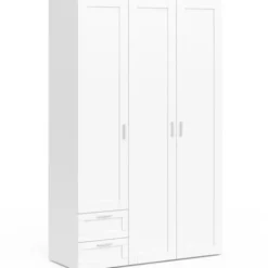 Armoire 3 portes blanc penderie 120 cm avec 2 tiroirs et étagères
