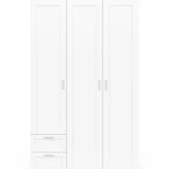 Armoire 3 portes blanc penderie 120 cm avec 2 tiroirs et étagères