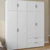 Armoire 4 portes blanc penderie 160 cm avec 2 rangements hauts et 2 tiroirs