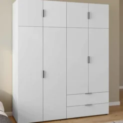 Armoire 4 portes blanc penderie 160 cm avec 2 rangements hauts et 2 tiroirs