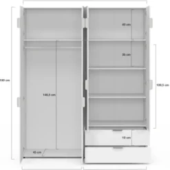 Armoire 4 portes blanc penderie 160 cm avec 2 rangements hauts et 2 tiroirs