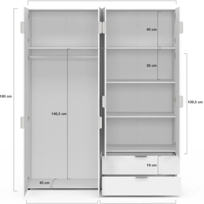 Armoire 4 portes blanc penderie 160 cm avec 2 rangements hauts et 2 tiroirs