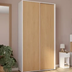 Armoire 2 portes coulissantes blanc et bois penderie 100 cm avec étagères rangement maxi capacité