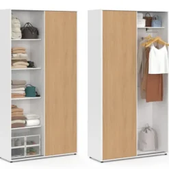 Armoire 2 portes coulissantes blanc et bois penderie 100 cm avec étagères rangement maxi capacité