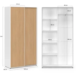 Armoire 2 portes coulissantes blanc et bois penderie 100 cm avec étagères rangement maxi capacité