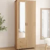 Armoire 2 portes effet lattes tasseau bois penderie 80 cm avec 2 tiroirs, miroir et étagères