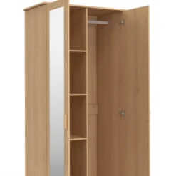Armoire 2 portes effet lattes tasseau bois penderie 80 cm avec 2 tiroirs, miroir et étagères