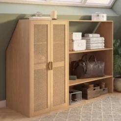 Armoire sous pente 2 portes 60 x 50 x 70/110 cm bois et cannage
