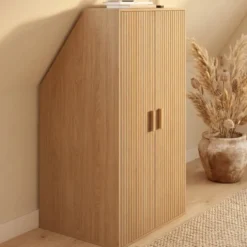 Armoire sous pente 2 portes 60 x 50 x 70/110 cm effet lattes tasseau bois coloris chêne