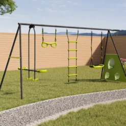 Balançoire 4 portiques pour jardin avec panier de basket et but de foot