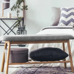 Banc bambou tissu gris style scandinave