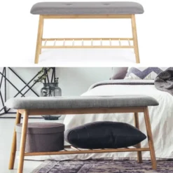 Banc bambou tissu gris style scandinave