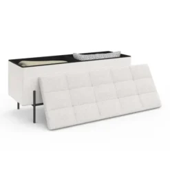 Banc coffre rangement pieds métal noir 100 cm tissu bouclette blanc