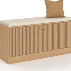 Banc d'entrée chaussures lattes tasseau bois coloris chêne