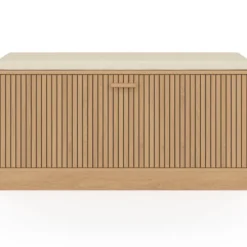 Banc d'entrée chaussures lattes tasseau bois coloris chêne