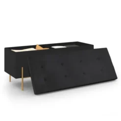 Banc de rangement velours noir avec pieds métal doré 100 cm