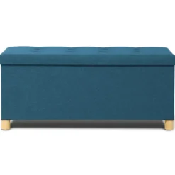 Banquette rangement tissu bleu canard en lin